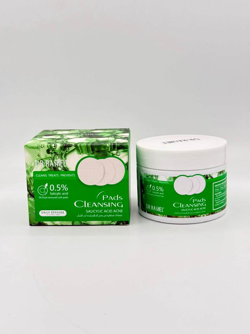 DR RASHEL Salicylic Acid Acne Cleansing Pads Facial Mask Acne Treatment Cotton Pads - 50 Dual - Textured Soft Pads - Green