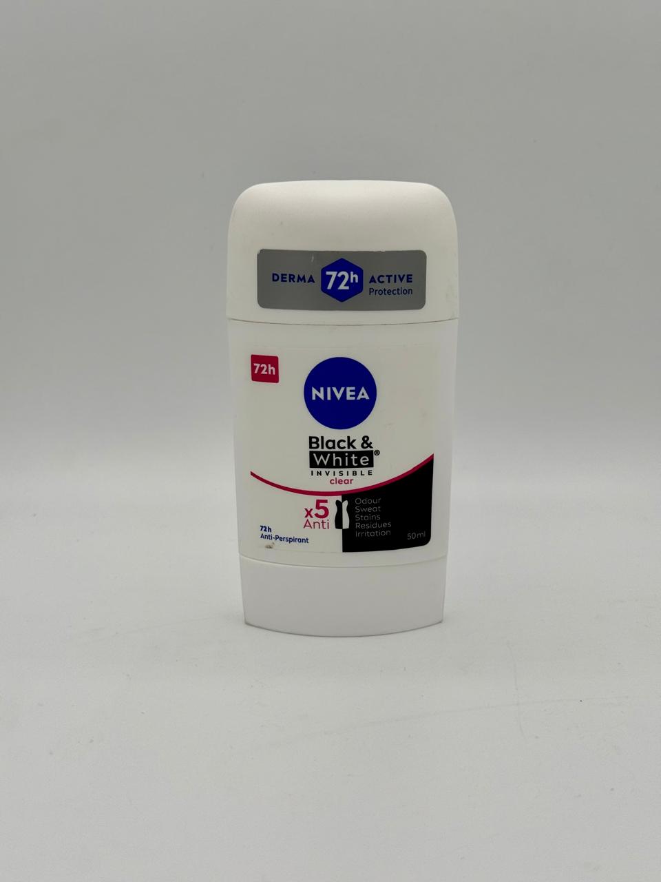 NIVEA Black & White Invisible Antiperspirant Deodorant Stick for Women, Clear, 72H Active Protection, 5IN1, Anti-Odour, Sweat, Stains, Residues & Irritation, 50ml