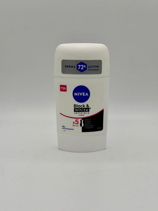 NIVEA Black & White Invisible Antiperspirant Deodorant Stick for Women, Clear, 72H Active Protection, 5IN1, Anti-Odour, Sweat, Stains, Residues & Irritation, 50ml